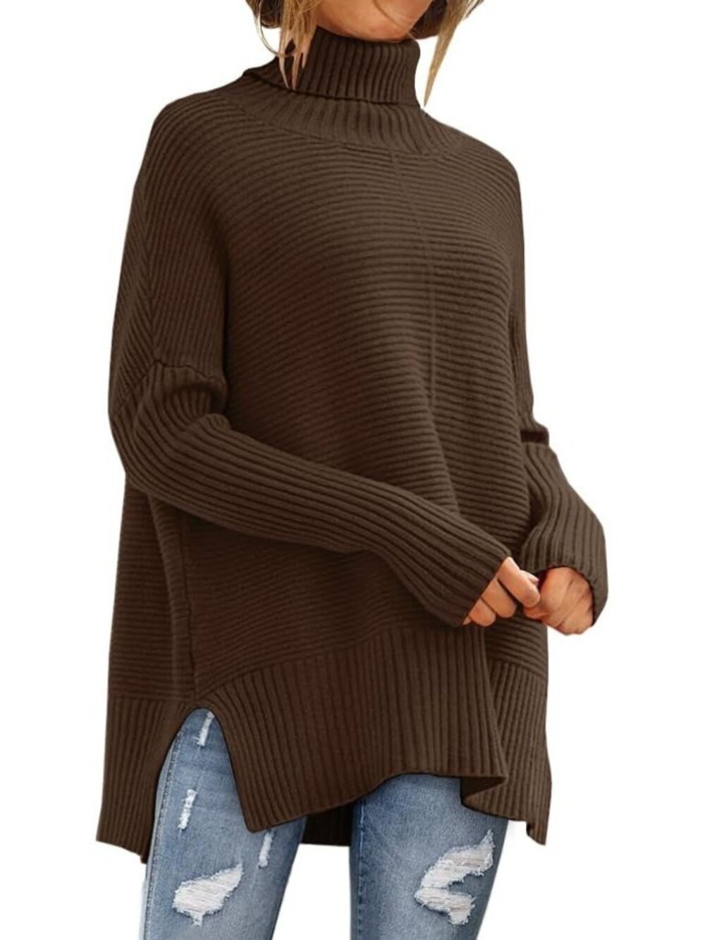 Women's Brown Oversized Roll Neck Turtleneck Tops Fashion Pullover Tunic Sweater